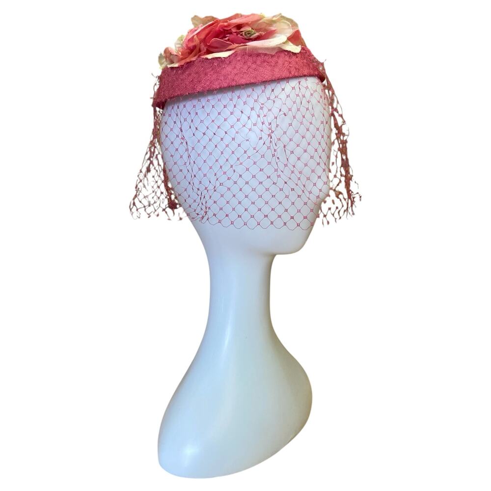 1950s Pink Floral Fascinator Hat | Vintage Veiled Cocktail Church Wedding Hat